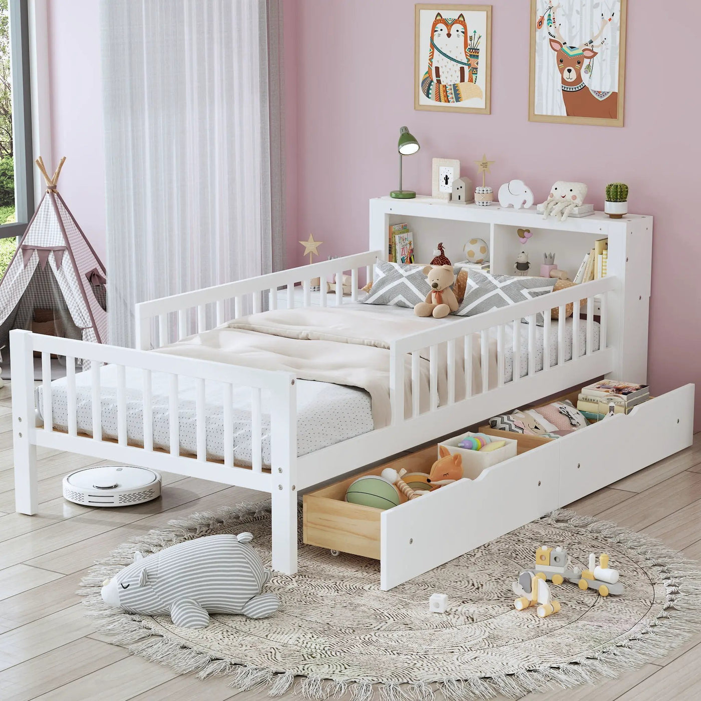 Bed With Headboard Storage Rack, 2 Under Bed Drawers, 3 Side Guardrails For Safety by HouseOfZazla
