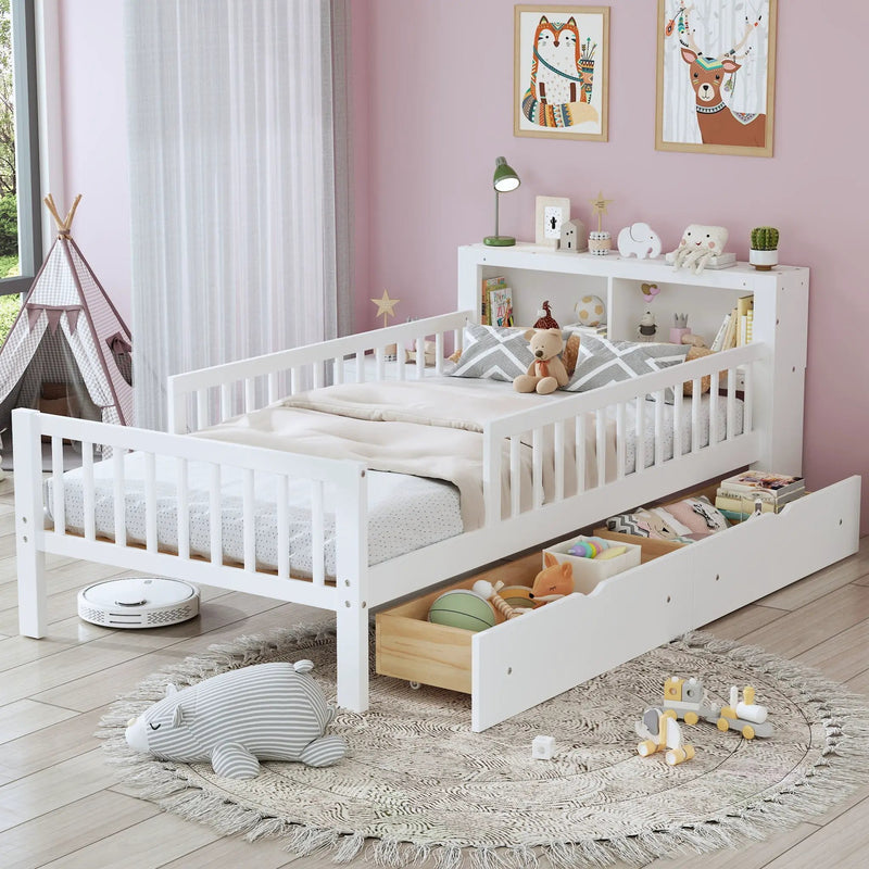 Bed With Headboard Storage Rack, 2 Under Bed Drawers, 3 Side Guardrails For Safety by Unique Piece Furniture