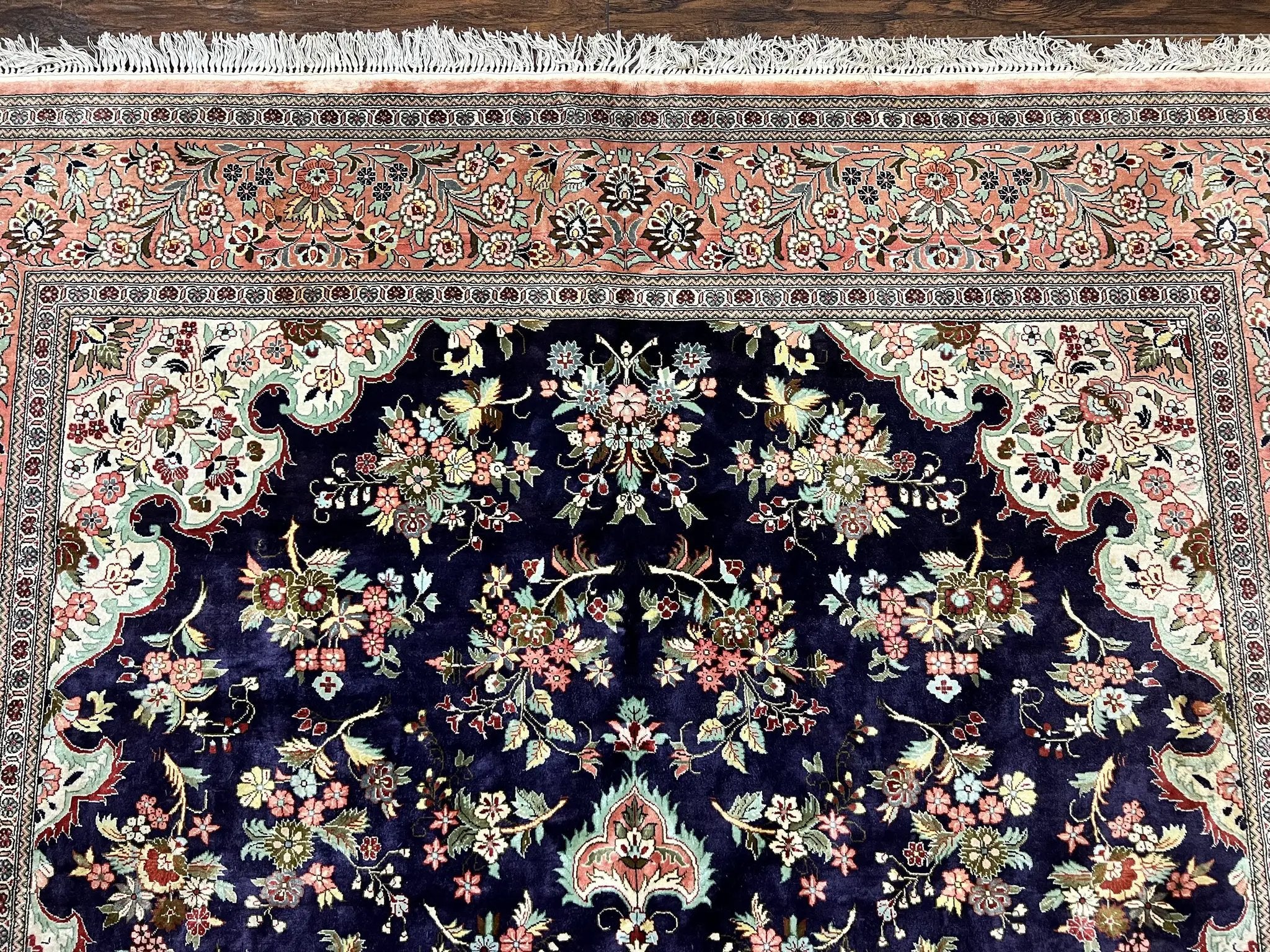 Stunning Silk Persian Qum Rug 7x9, Finely Hand Knotted Navy Blue & Salmon Floral Medallion Authentic Oriental Carpet, Vintage Handmade Silk Ghom Rug, Silk on Silk by Jewel Rugs