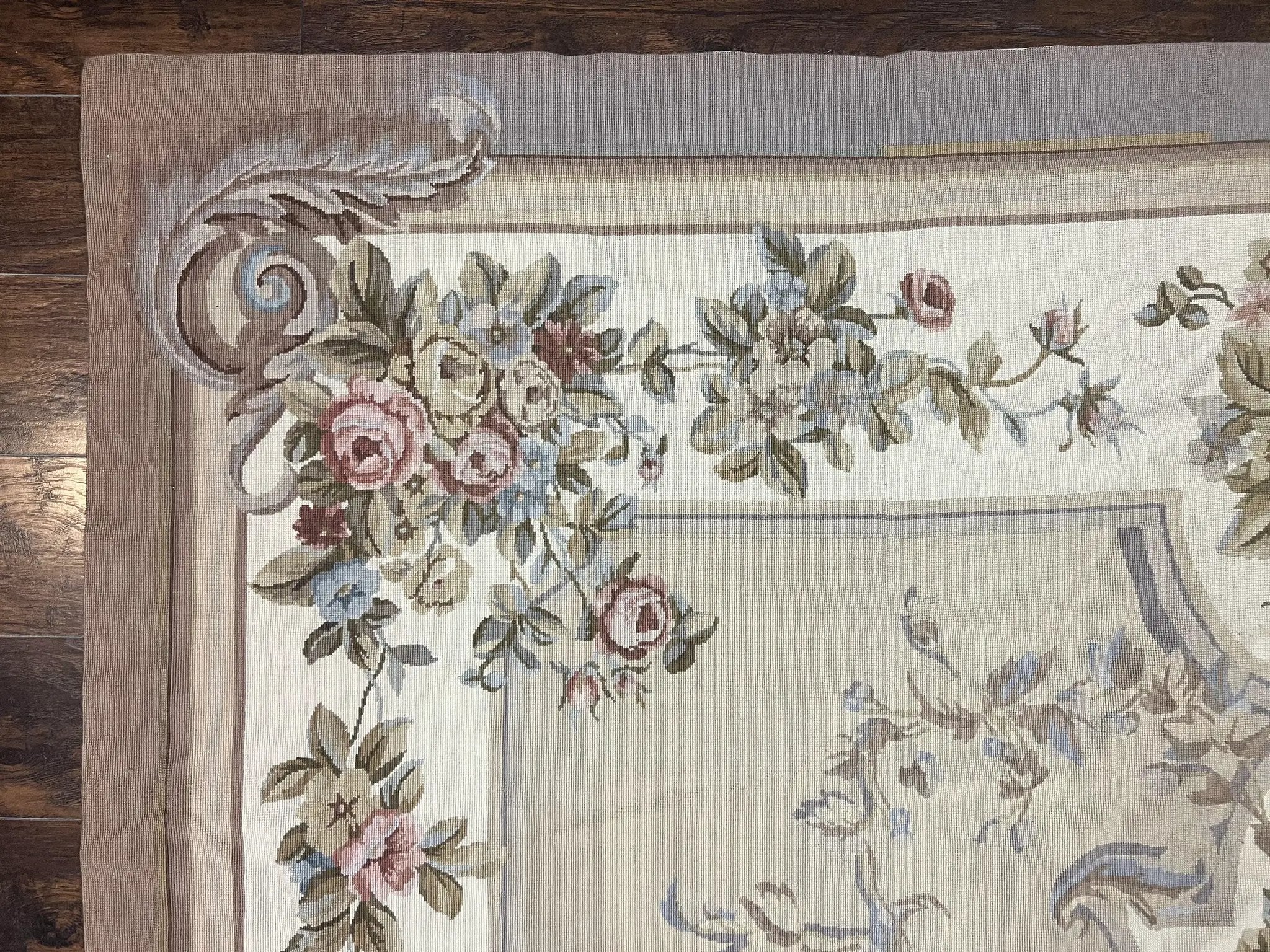 Aubusson Needlepoint Rug 9x12, VIntage Handmade Wool Beige Floral European Elegant Rug 9 x 12, Floral Roses by Jewel Rugs