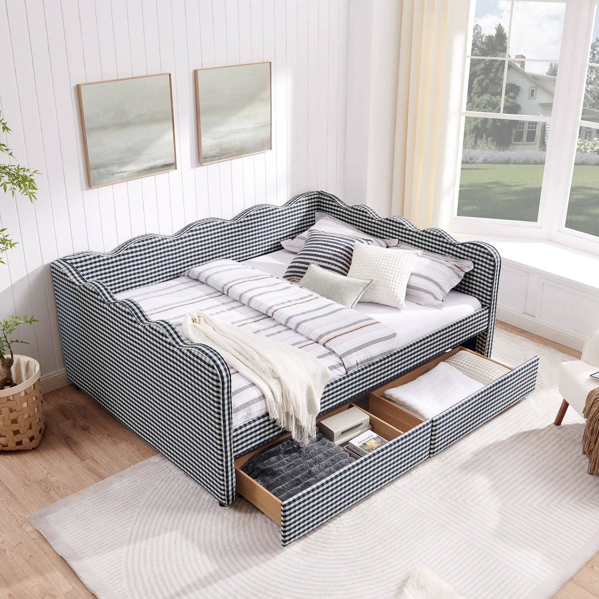 Gingham Daybed With USB Charging Port, Wave-Shaped Design by Unique Piece Furniture