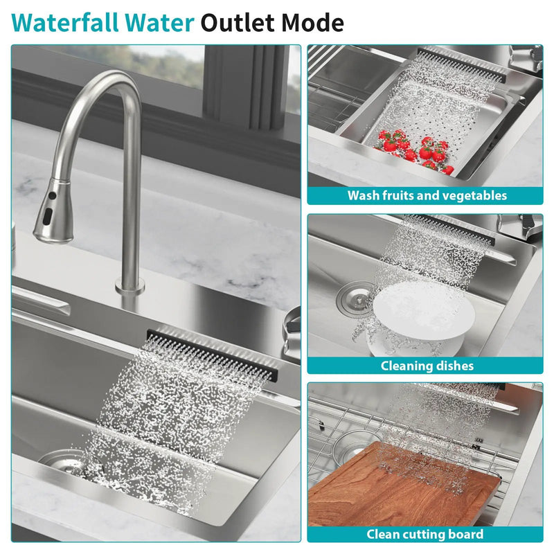 Drop In Waterfall Kitchen Sink With Pull-Out Faucet & Cup Washer by HouseOfZazla