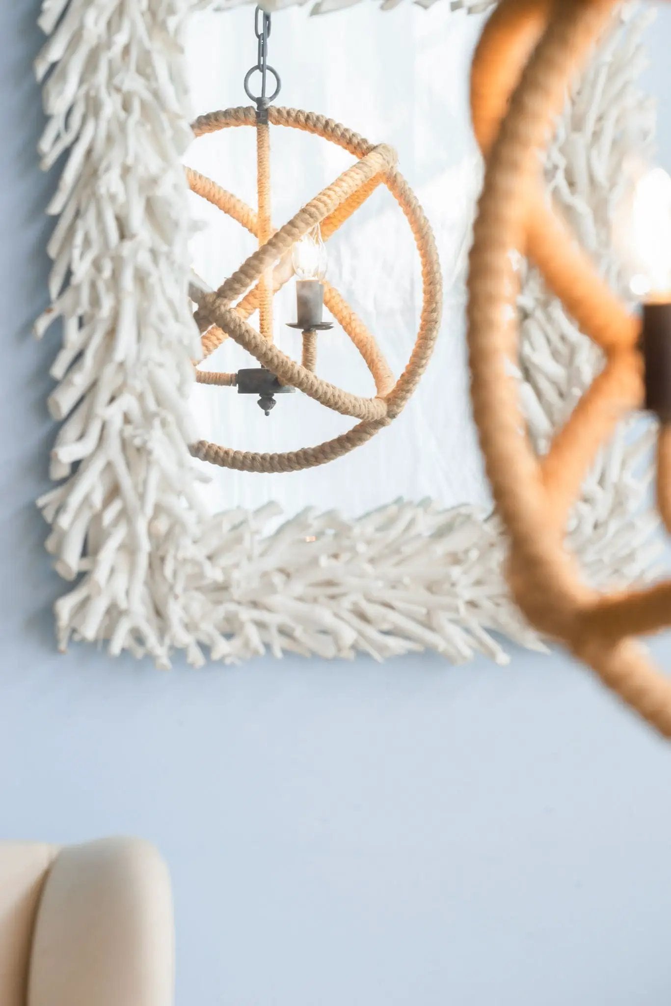 3 Light Farmhouse Chandelier, Rope Chandelier Globe Hanging Light Fixture With With Adjustable Chain For Kitchen, Bulb Not Included - Beige Brown by HouseOfZazla