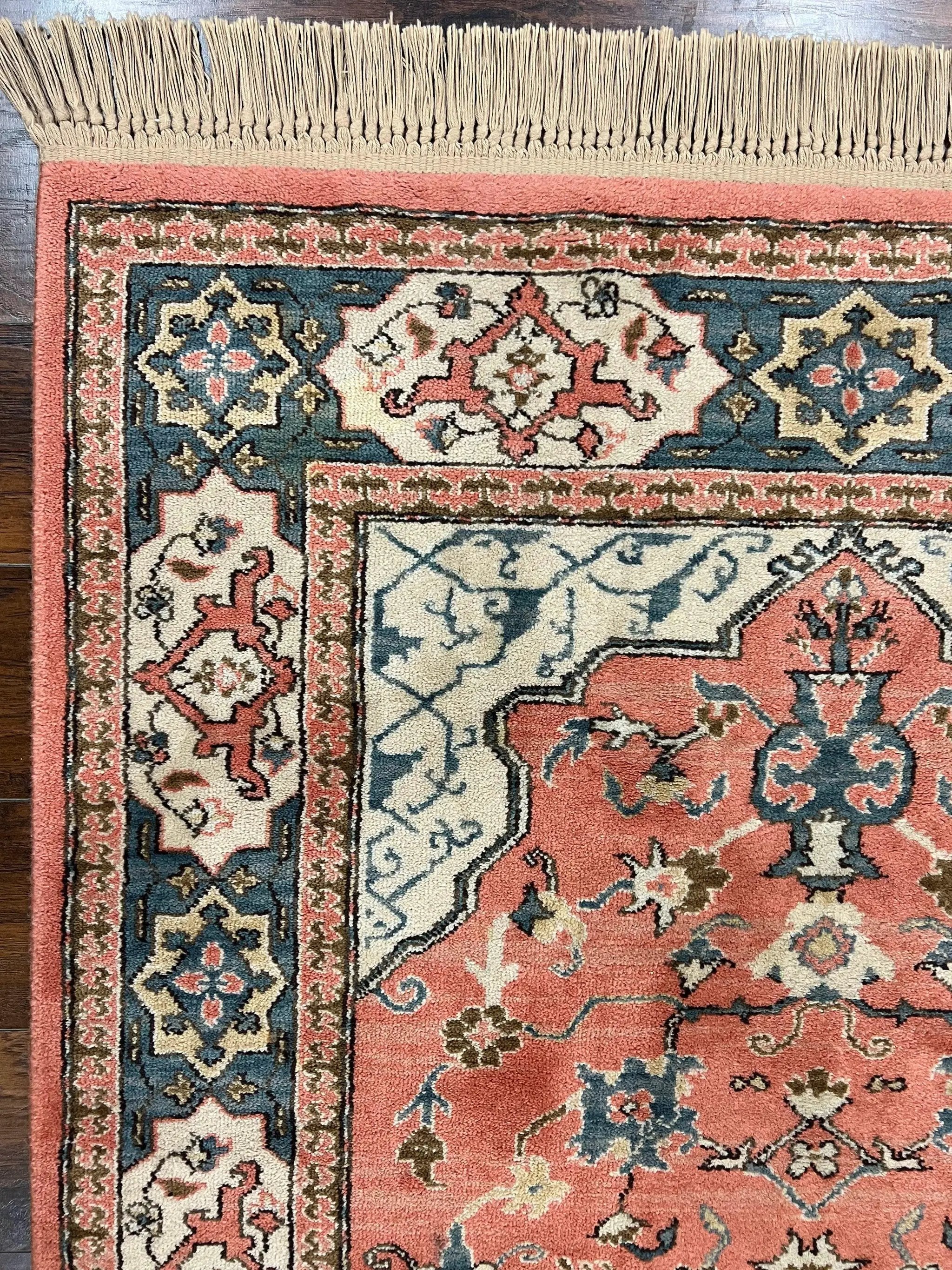 Karastan Rug 4x6 Bergama Design #737, Karastan Area Rug, Vintage Wool Karastan Carpet, Original Collection 700 Series, Salmon Red Light Blue by Jewel Rugs