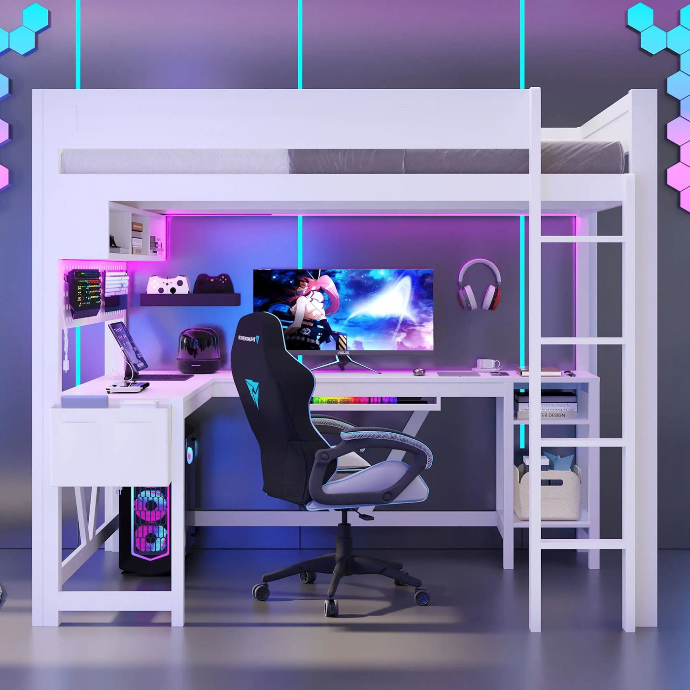 Gaming Loft Bed With Desk, Storage Shelves, LED And Charging Station by Unique Piece Furniture