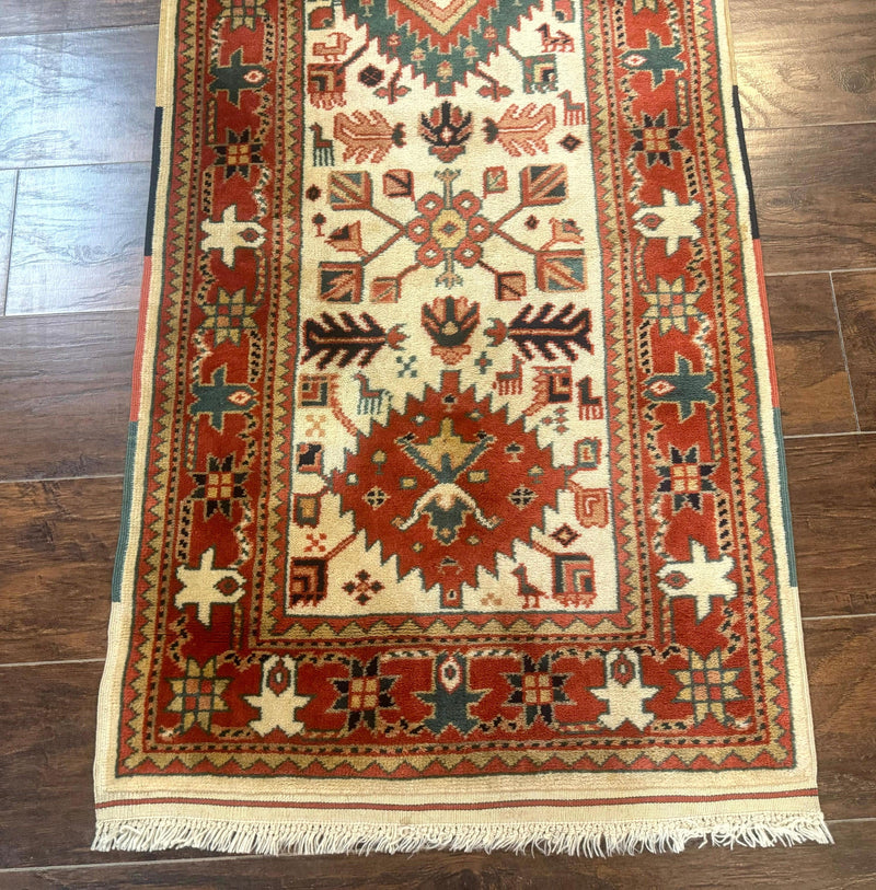 Turkish Runner Rug 2.4 x 8, Kazak Geometric Heriz Pattern, Beige Red by Jewel Rugs