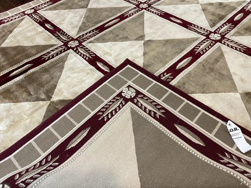 Indo Tibetan Rug 10x14, Nepali Carpet, Large Soft Wool Area Rug, Olive Tan Maroon, Contemporary Rug 10 x 14 ft Living Room Rug, Handmade Rug by Jewel Rugs