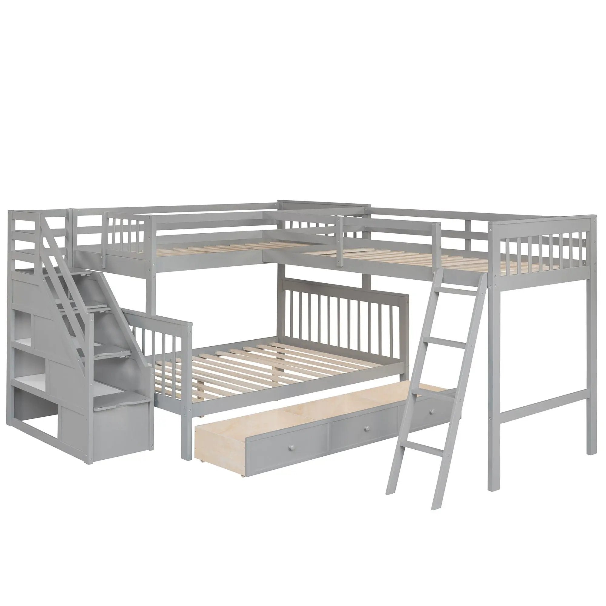 Solid L Shaped Bunk Bed With 3 Drawers, Ladder And Staircase by Unique Piece Furniture