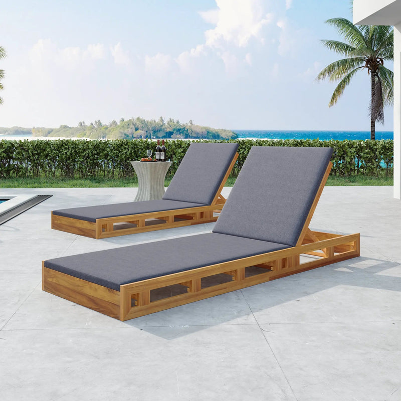 Acacia Wood Lounge Chaise Set with Water-Resistant Cushions by HouseOfZazla