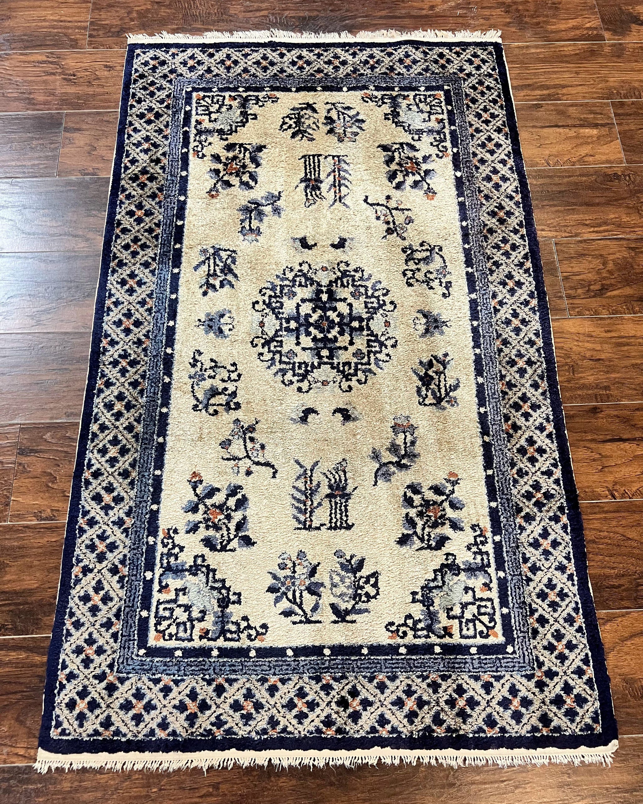 Silk Chinese Rug 3x5, Vintage Handmade Peking Carpet, Asian Oriental Art Deco Rug by Jewel Rugs