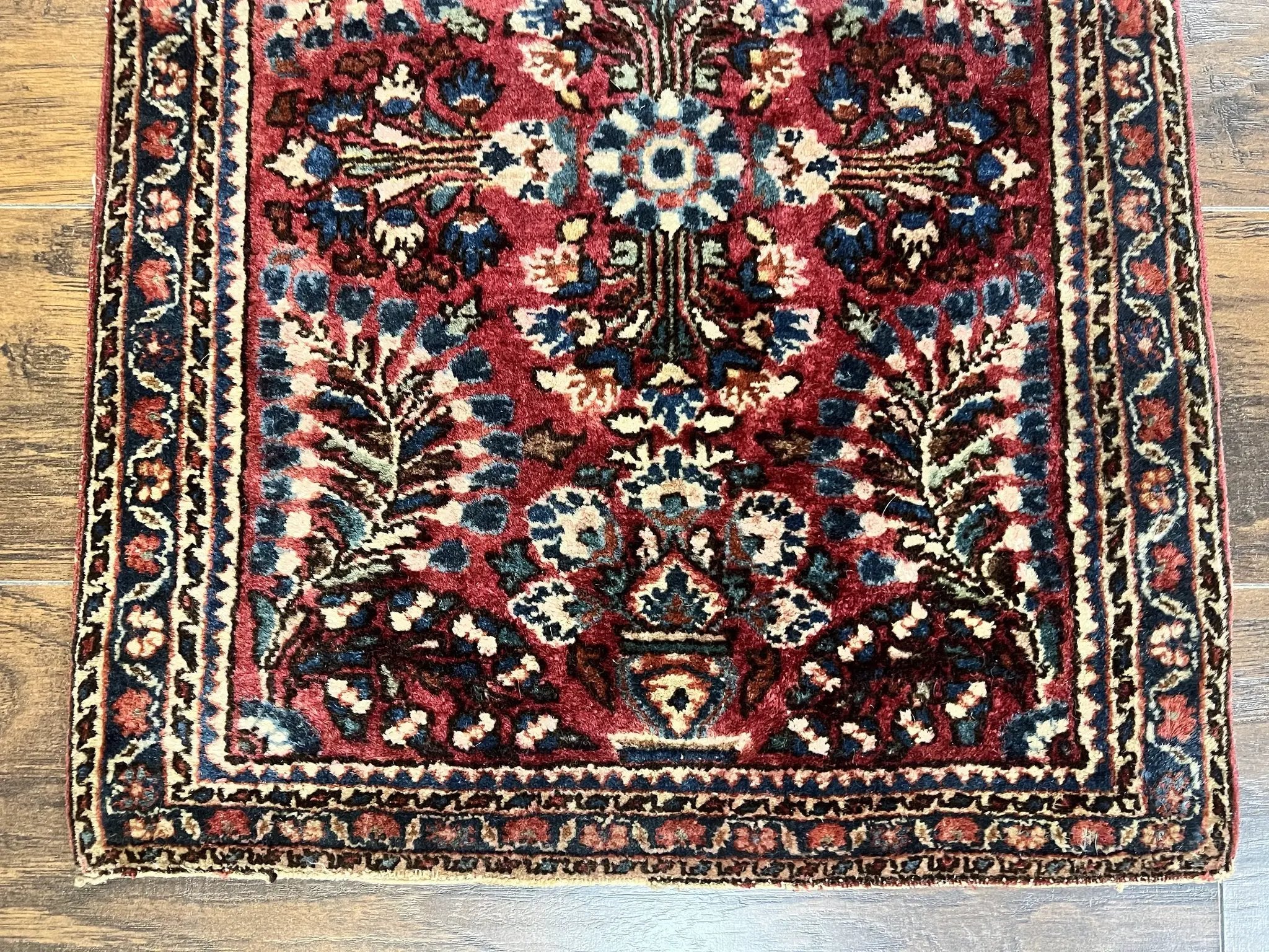 Antique Persian Sarouk Rug 2 x 2.5, Small Sarouk Carpet, Red Floral 1920s Red, Fine 170 KPSI, Wool Handmade Rug by Jewel Rugs