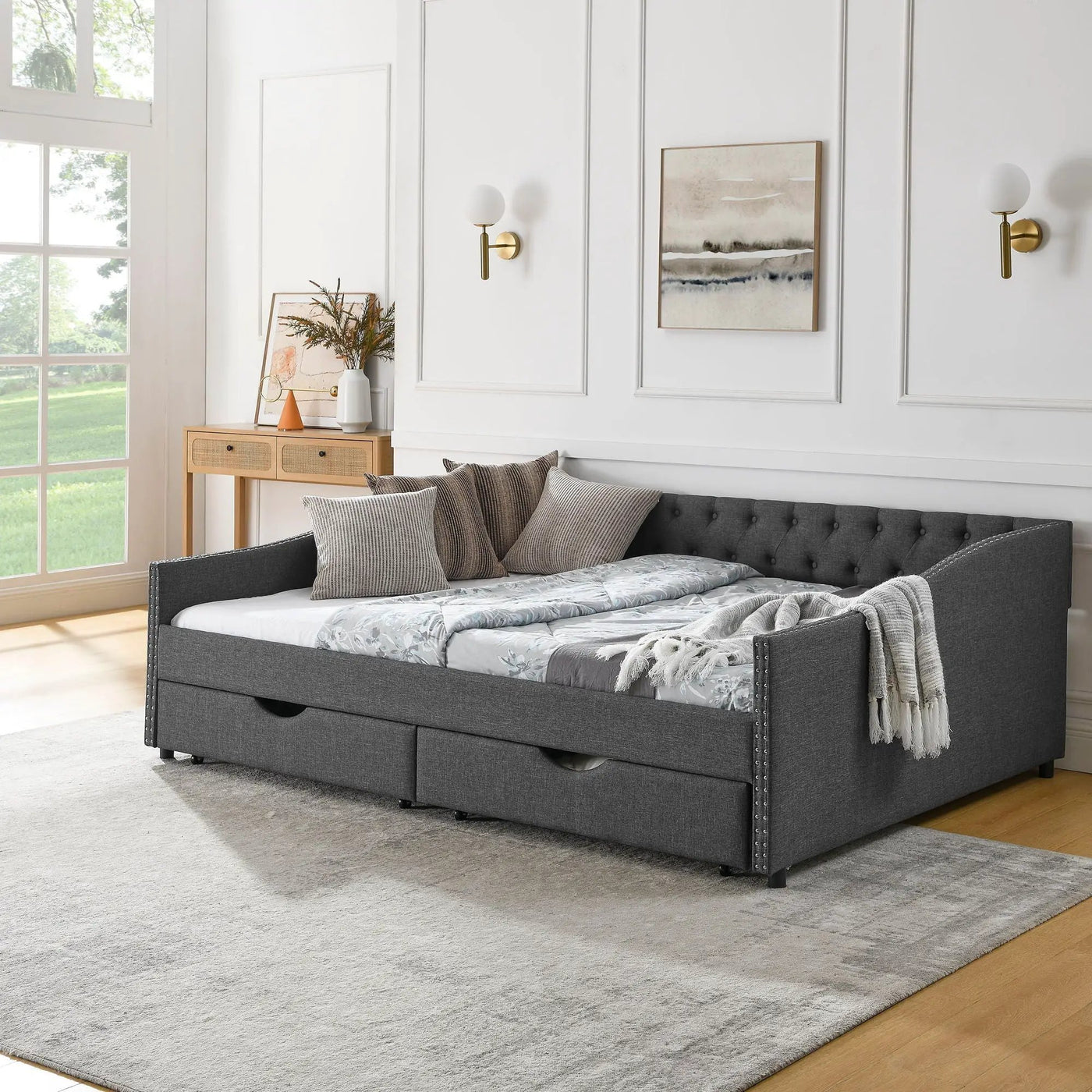 Upholstered Tufted Daybed With 2 Drawers, Waved Arms by Unique Piece Furniture
