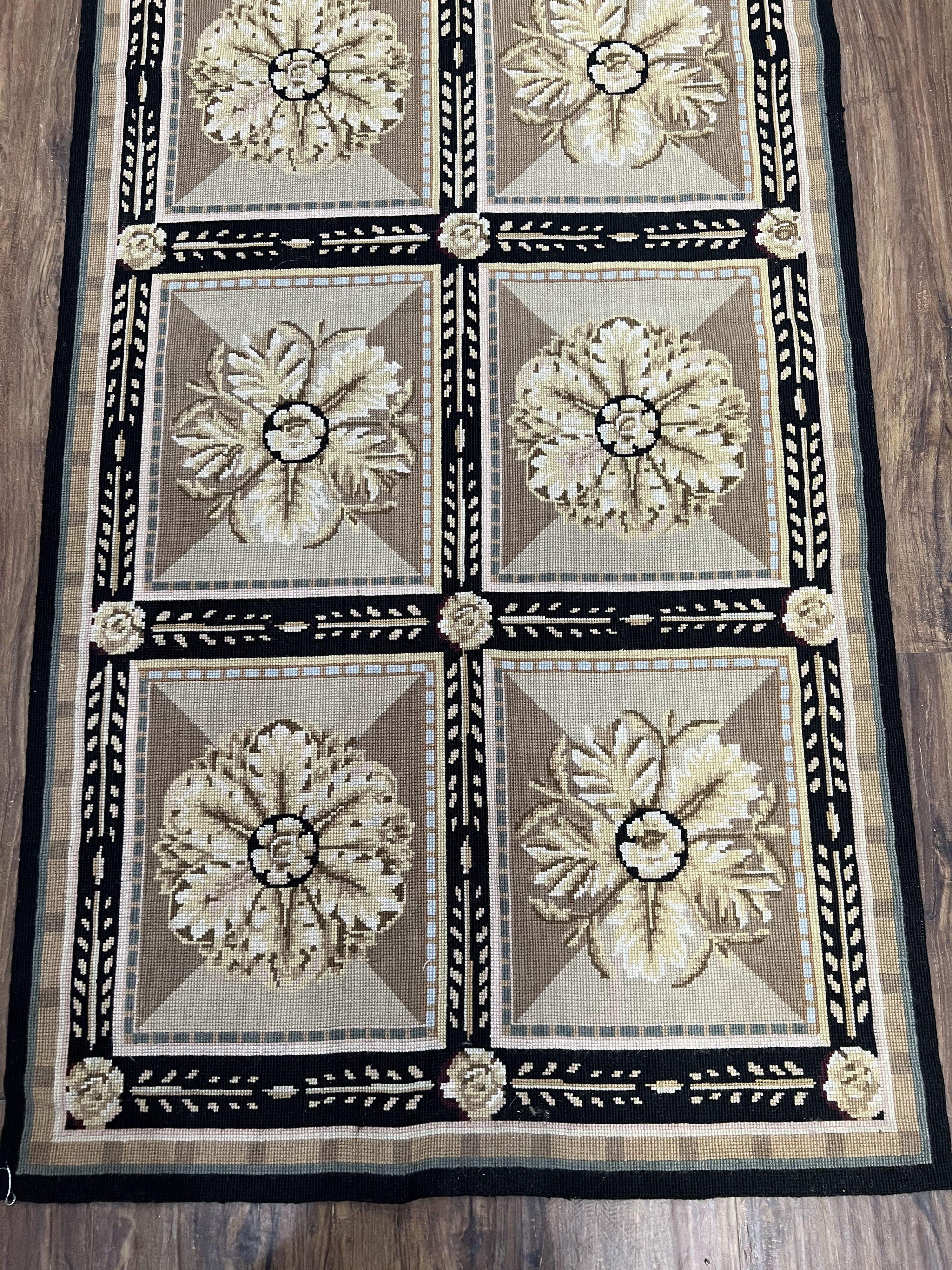 Needlepoint Runner Rug 3x8 Panel Design Rug, Flatweave Runner Rug, English Design, Floral, Short Runner Rug, Black and Beige Wool Hand-Woven by Jewel Rugs