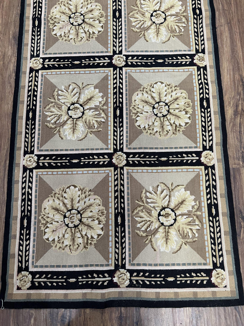 Needlepoint Runner Rug 3x8 Panel Design Rug, Flatweave Runner Rug, English Design, Floral, Short Runner Rug, Black and Beige Wool Hand-Woven by Jewel Rugs