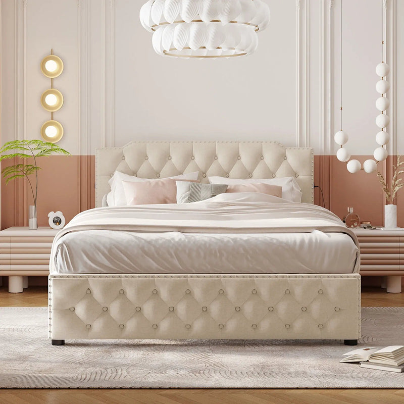 Upholstered Platform Bed With 2 Drawers And 2 Sets Of USB Ports On Each Side, Fabric by Unique Piece Furniture