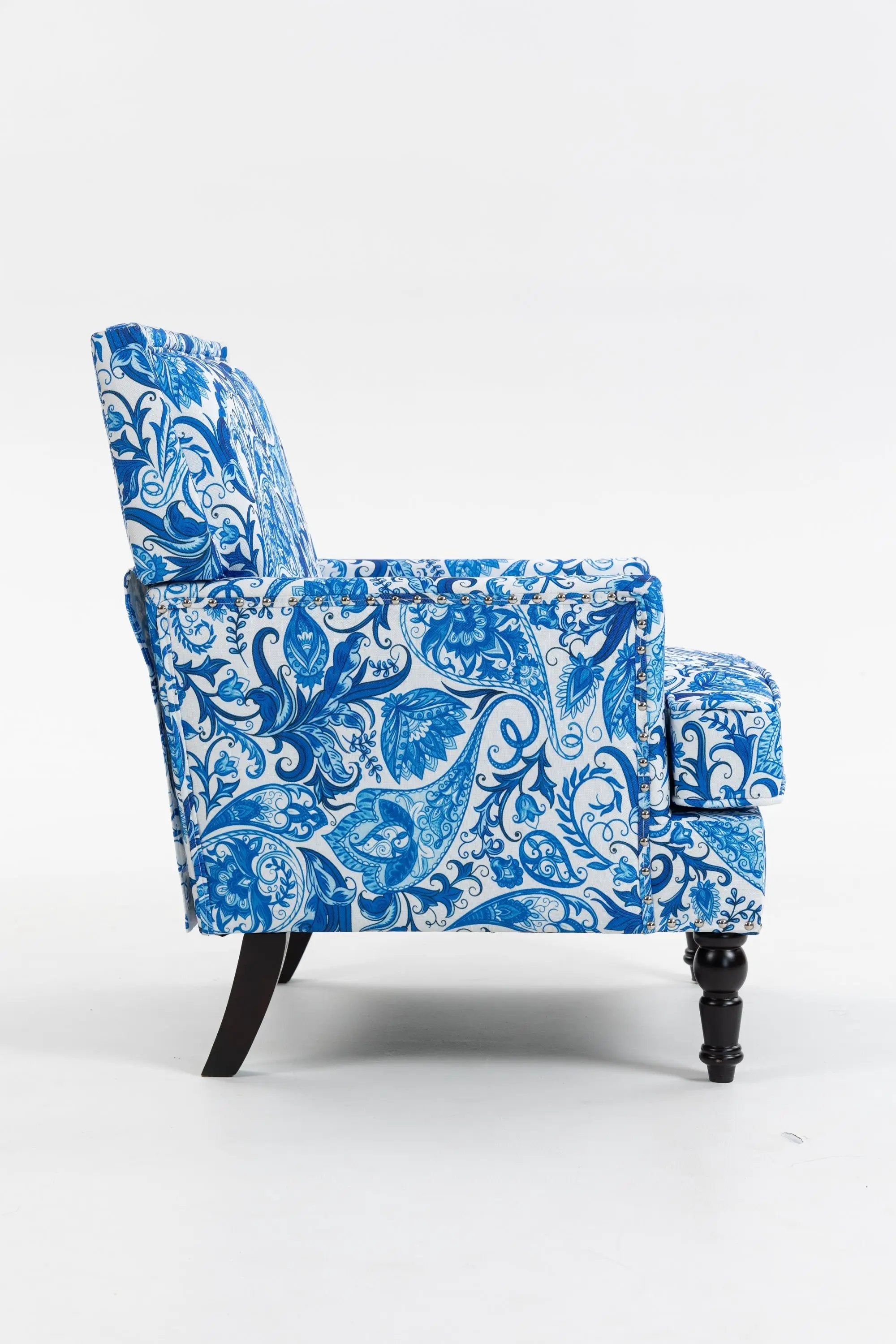 Upholstered Accent Chair with Blue and White Porcelain Print Linen Fabric by HouseOfZazla