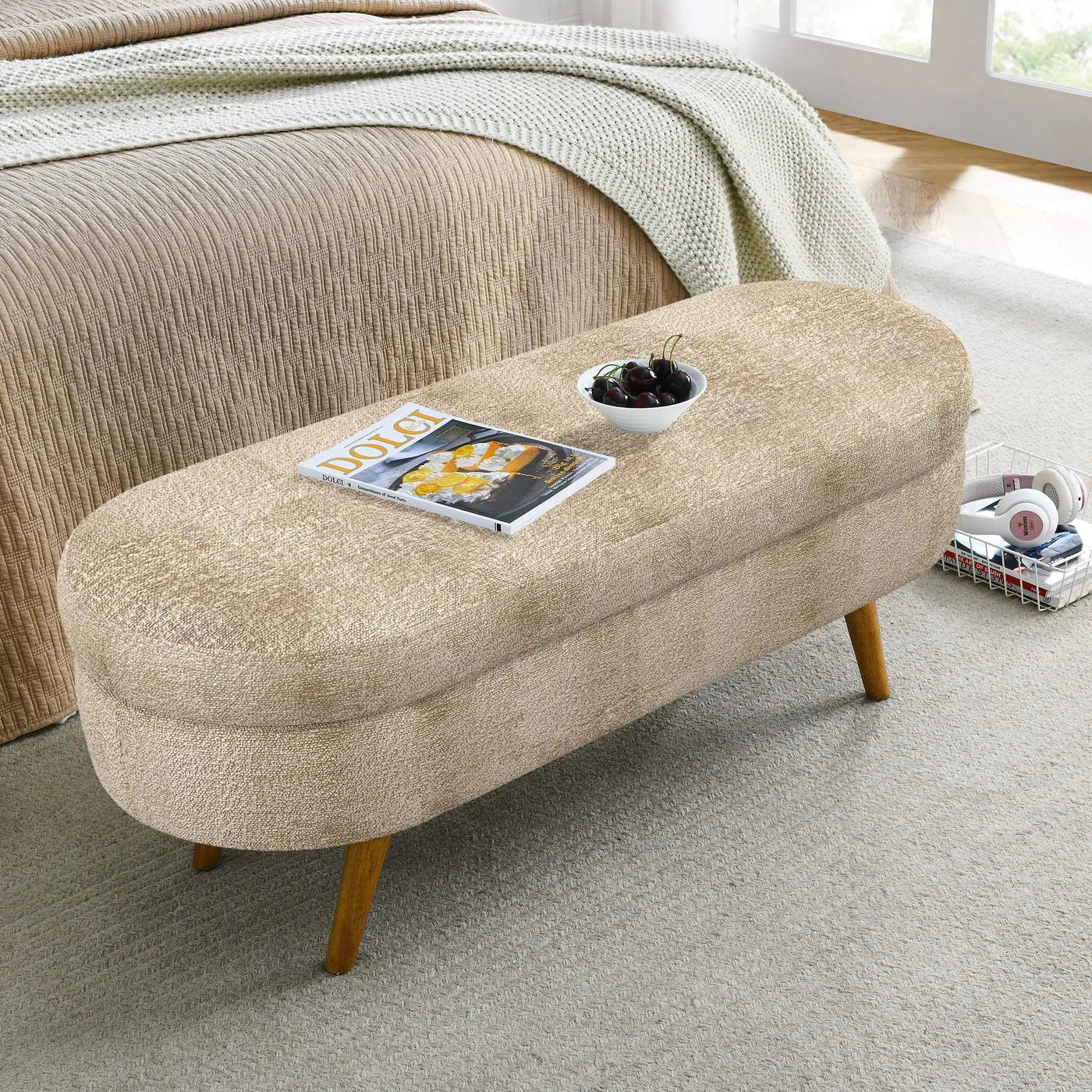 Modern Ottoman Oval Storage Bench With Rubber Wood Legs by HouseOfZazla