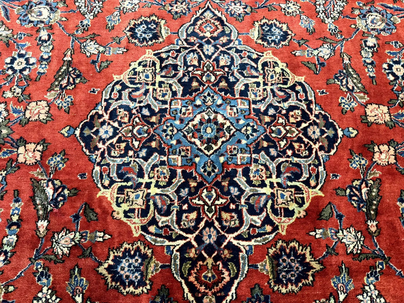 Red Persian Kashan Rug 10x14, Hand-Knotted Semi Antique Floral Medallion Handmade Wool Carpet, Red & Navy Blue by Jewel Rugs