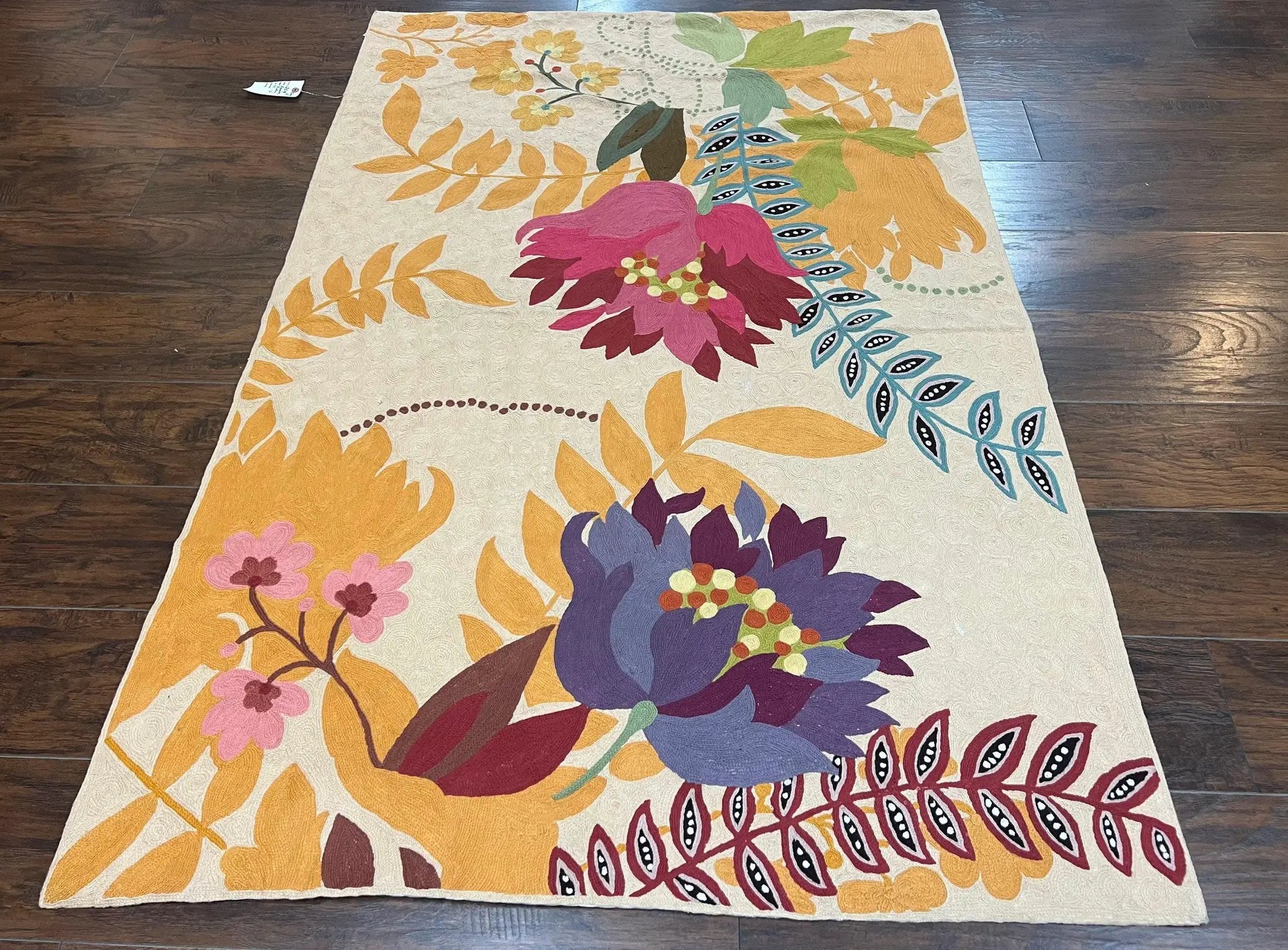 Indian Chain Stitched Rug 4x6, Hand Stitched Indian Embroidery Carpet, Large Floral Design, Contemporary, Cream and Colorful Flowers, Wool by Jewel Rugs