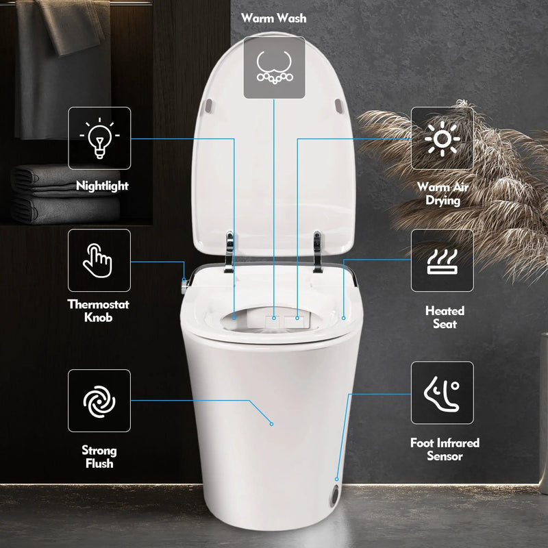 Luxury Smart Toilet With Dryer And Warm Water, Elongated Bidet Toilet With Heated Seat, With Remote Control, Led Night Light, Power Outage Flushing, Soft Close Cover - White by HouseOfZazla