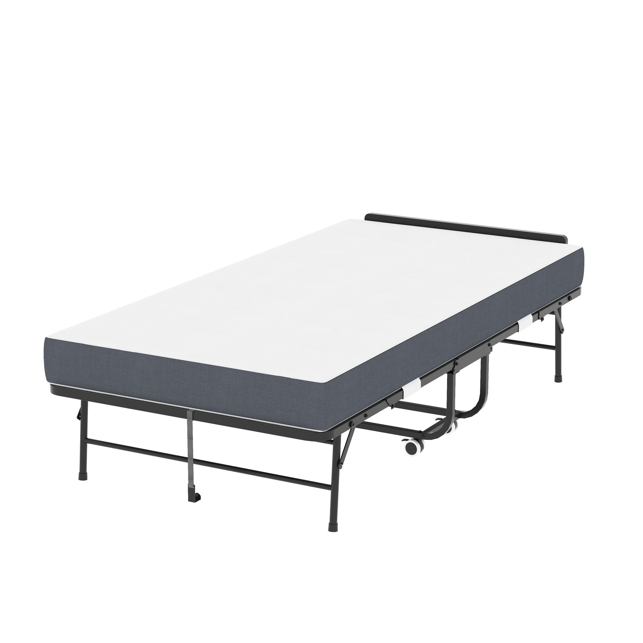 Twin Folding Bed With Adjustable Headboard, Memory Foam For Tall People, Heavy-Duty Portable On Wheels, Easy Assembly - Black by HouseOfZazla