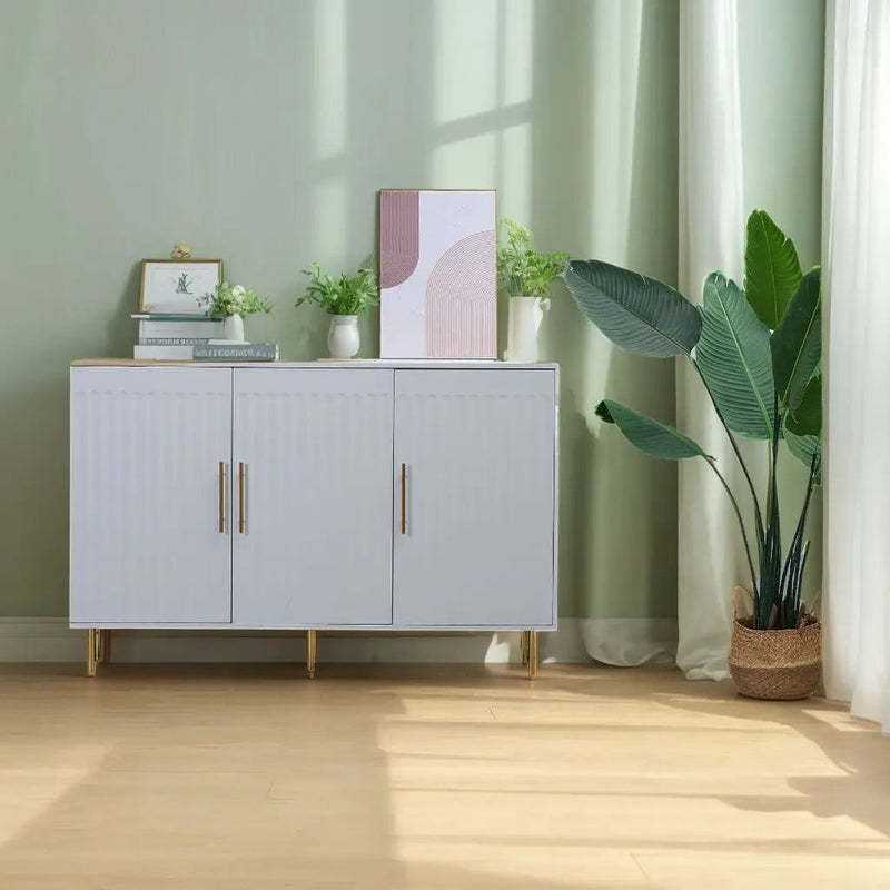 3 Door Large Storage Sideboard With Handles For Kitchen, Dining Room And Living Room, Accent Buffet Cabinet, Coffee Bar Sideboard Cabinet With 3 Doors - White / Gold by HouseOfZazla