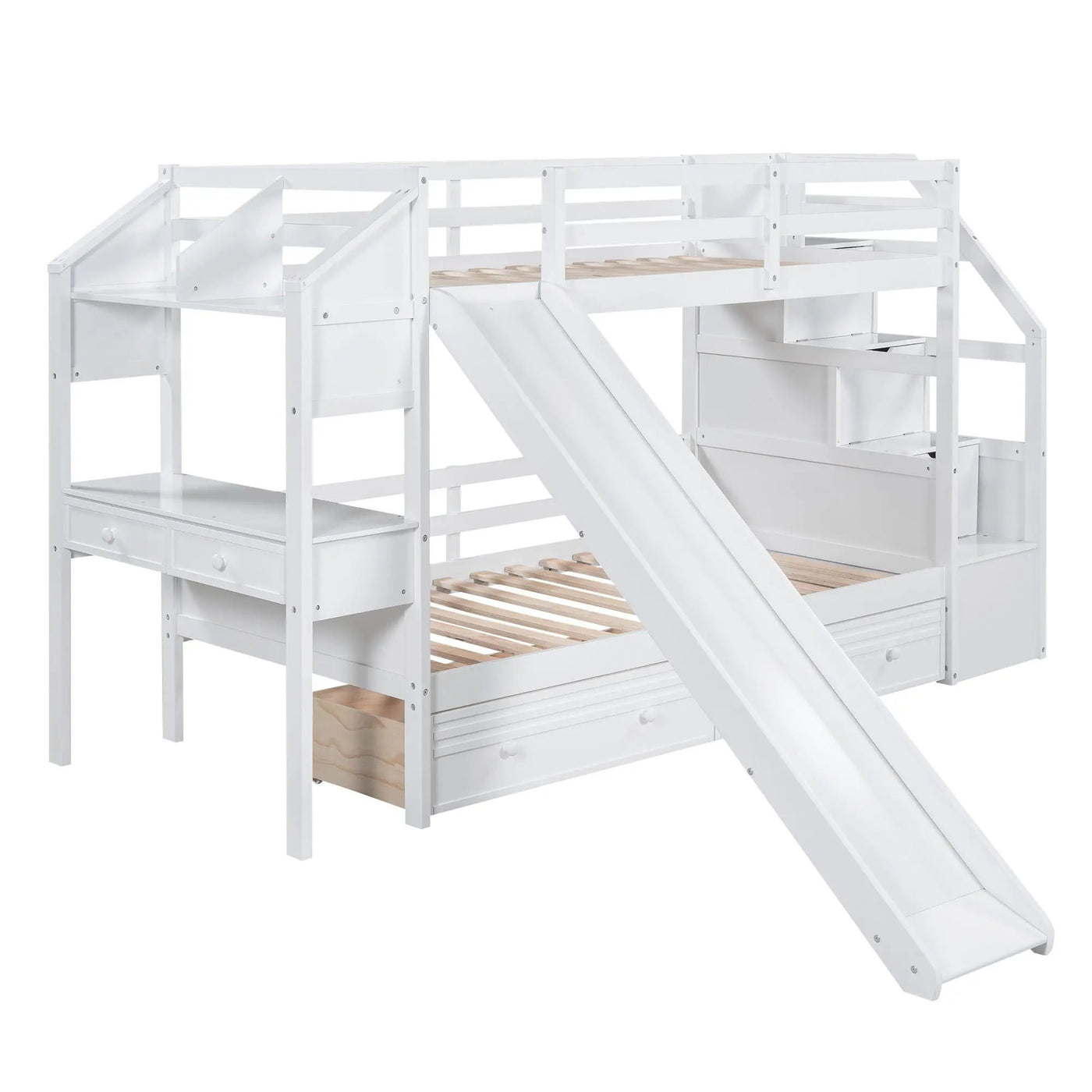 Bunk Bed With Storage Staircase, Slide, Desk, Drawers, And Shelves by HouseOfZazla