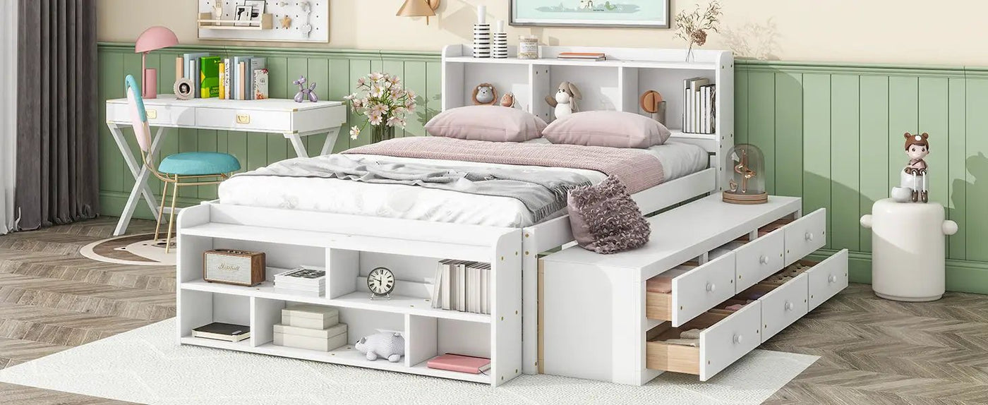 Bed With Bookcase Headboard, Under Bed Storage Drawers And Bed End Storage Case by Unique Piece Furniture