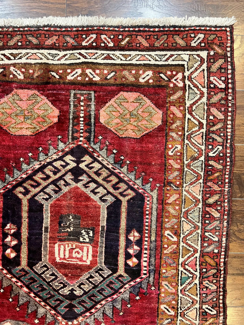 Persian Heriz Runner Rug 3.8 x 8.6, Geometric Design, Large Triple Medallions, Hand Knotted Handmade Vintage Wool Hallway Rug, Red by Jewel Rugs