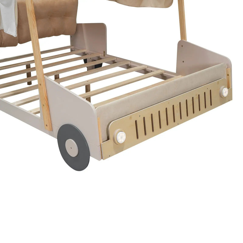 Twin Size Car Bed & Pillow, Ceiling Cloth And LED - Natural by Unique Piece Furniture
