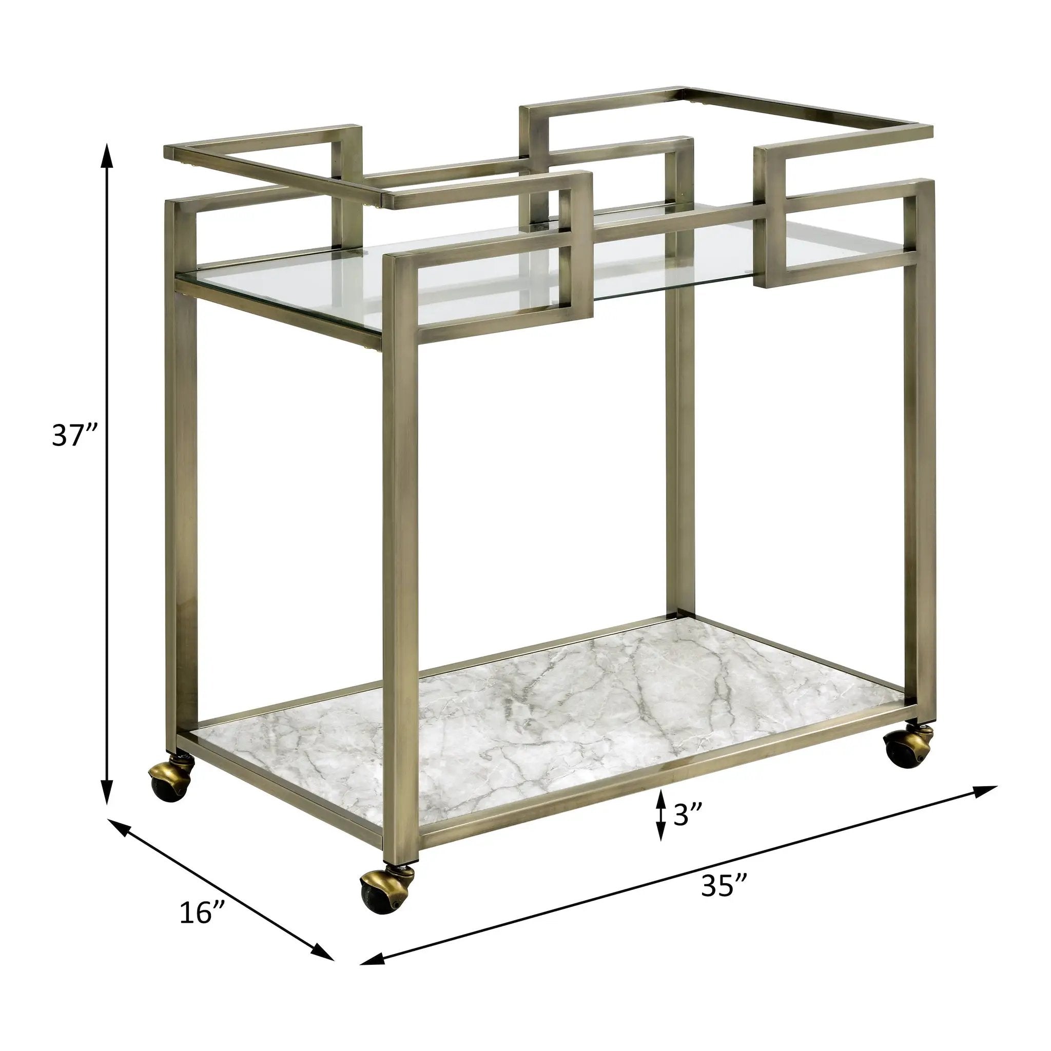 Neilo - Serving Cart - Clear Glass, Faux Marble Top & Wire Brass by Unique Piece Furniture
