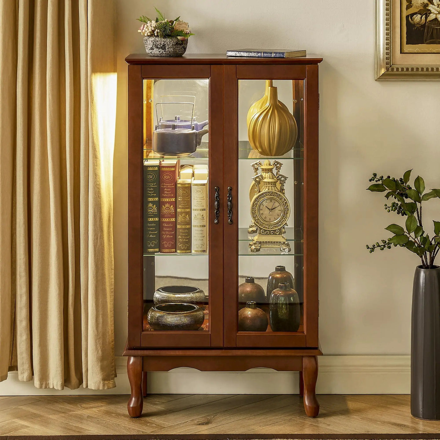 Curio Cabinet Lighted Curio Diapaly Cabinet With Adjustable Shelves And Mirrored Back Panel, Tempered Glass Doors (3 Tier), (E26 Light Bulb Not Included) by Unique Piece Furniture