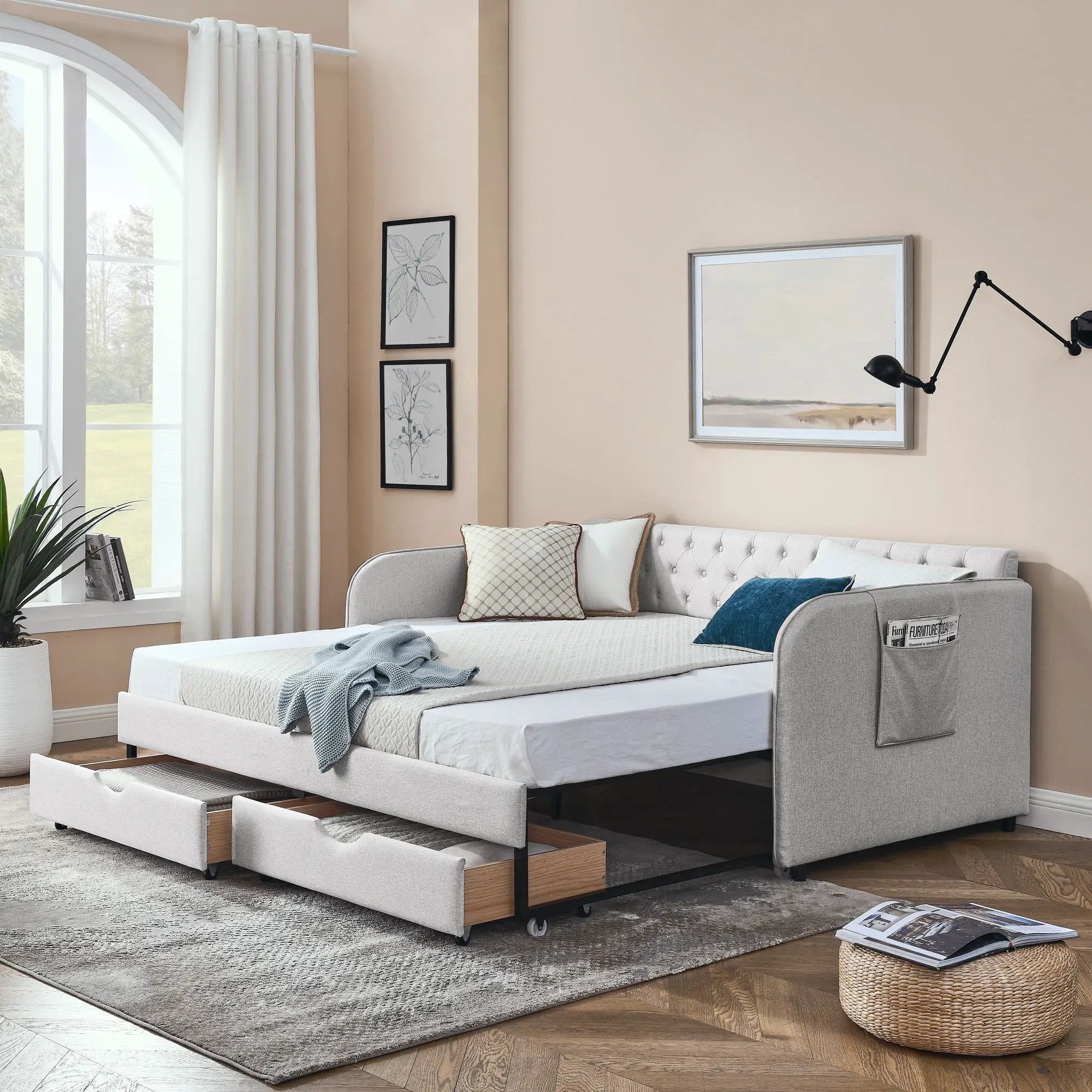 Daybed With Trundle And Storage Drawers, Flat Arms With Pocket by Unique Piece Furniture