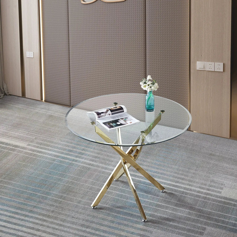 Contemporary Round Clear Dining Tempered Glass Table With Gold Finish Stainless Steel Legs - Gold by Unique Piece Furniture