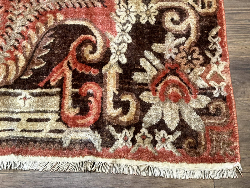 Khotan Rug 5x9, Terracotta and Brown, Floral, Chinese Wool Carpet, Antique Rug by Jewel Rugs