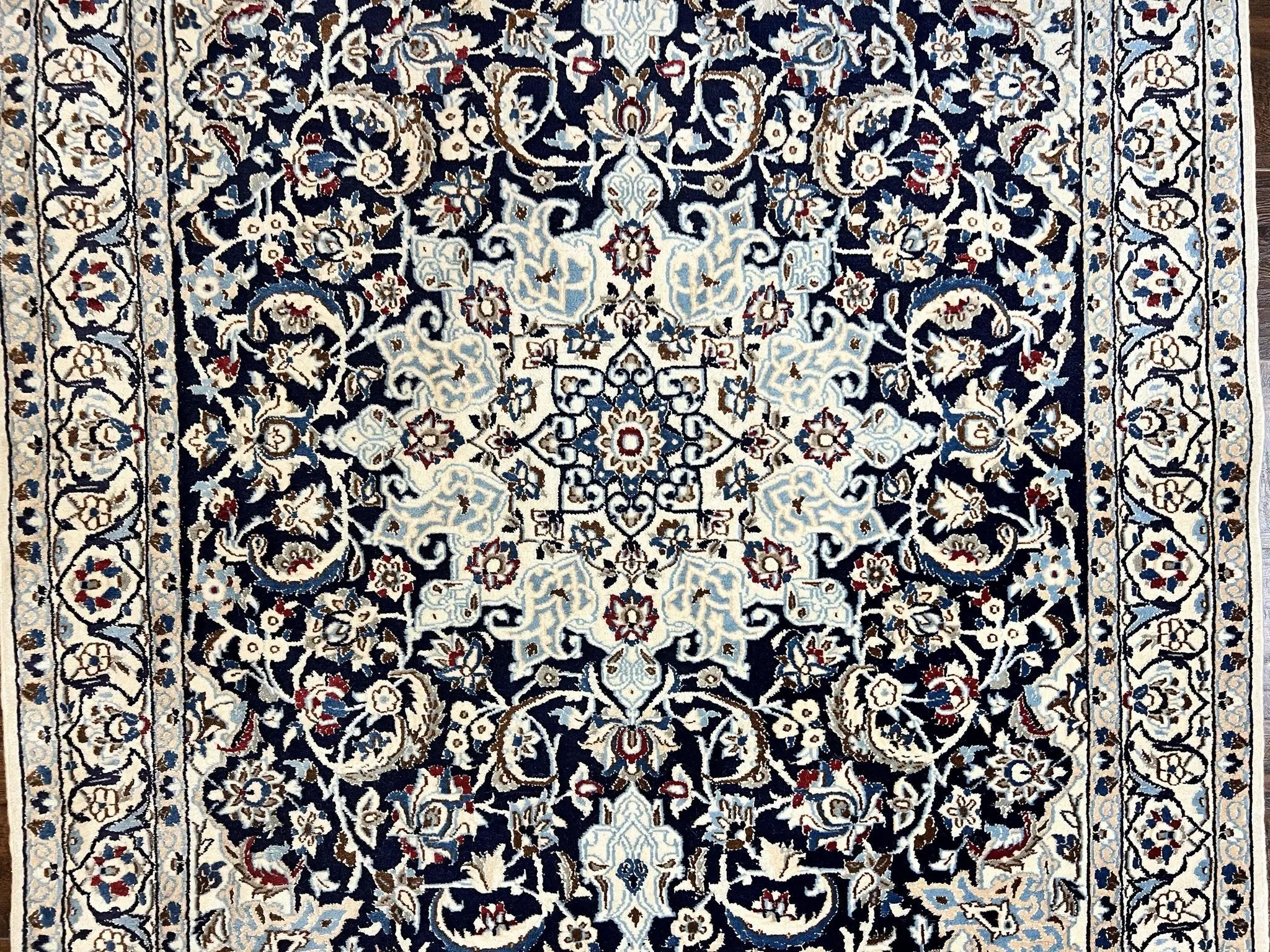Persian Nain Rug 4x6, Floral, Hand Knotted Vintage Wool & Silk Highlights, Signature from Masterweaver, Navy Blue and Ivory by Jewel Rugs