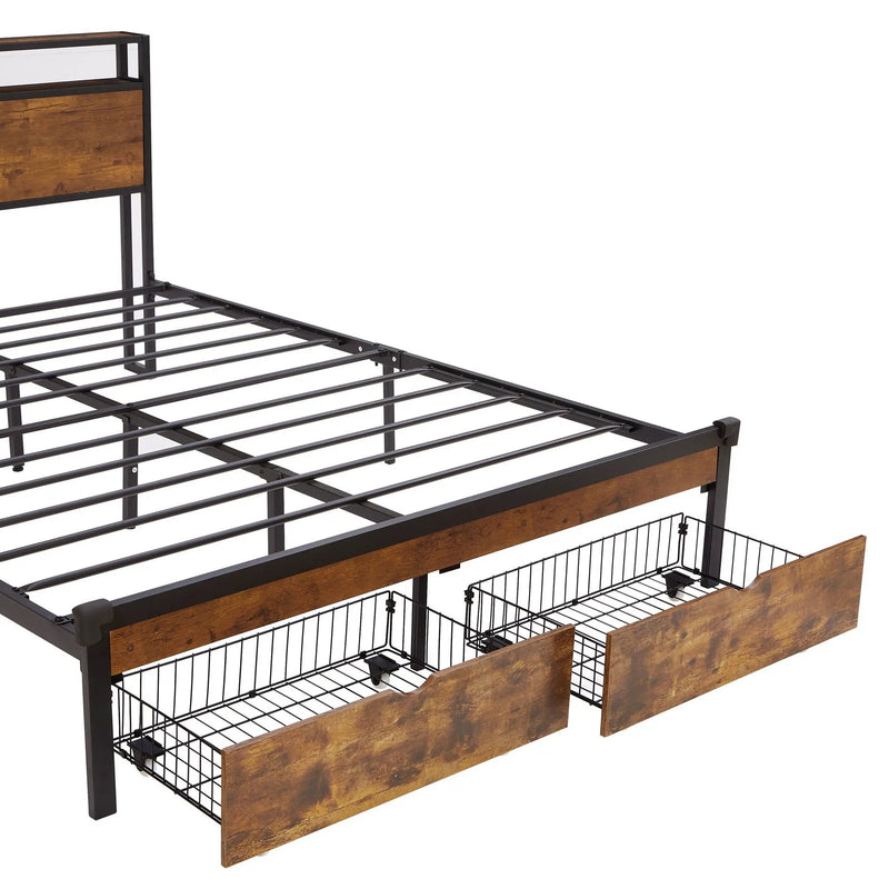 Modern Metal Platform Bed Frame With Wooden Headboard And Footboard, USB Charging Station, LED Lights, 2 Drawers by Unique Piece Furniture