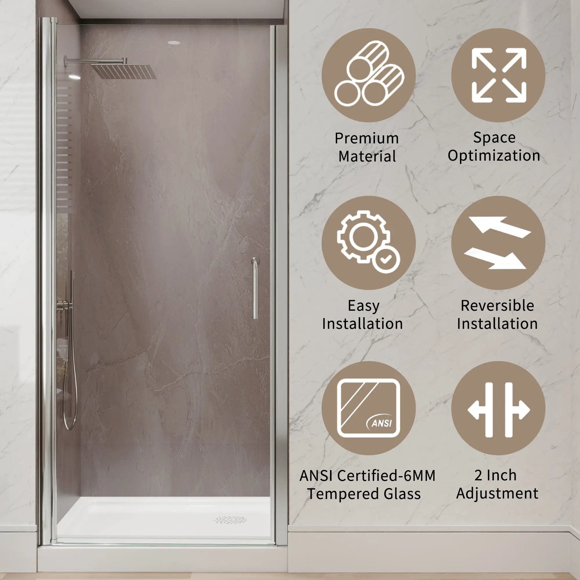 34 In. to 36 In. x 72 In. Semi-Frameless Pivot Shower Door by HouseOfZazla