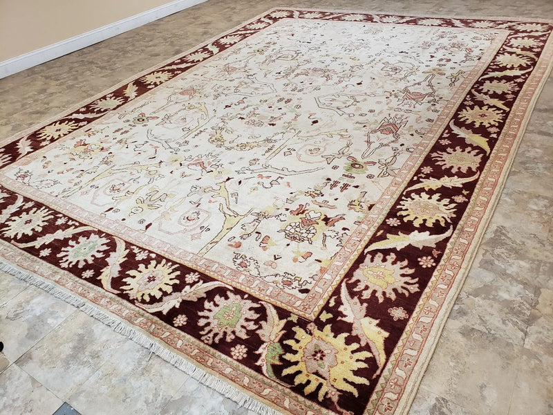 Beige and Maroon Peshawar Rug 10x15, Large Oushak Carpet, Pakistani Rug, Handmade Area Rug, Hand Knotted Rug, Living Room Rug, Nice Wool Rug by Jewel Rugs