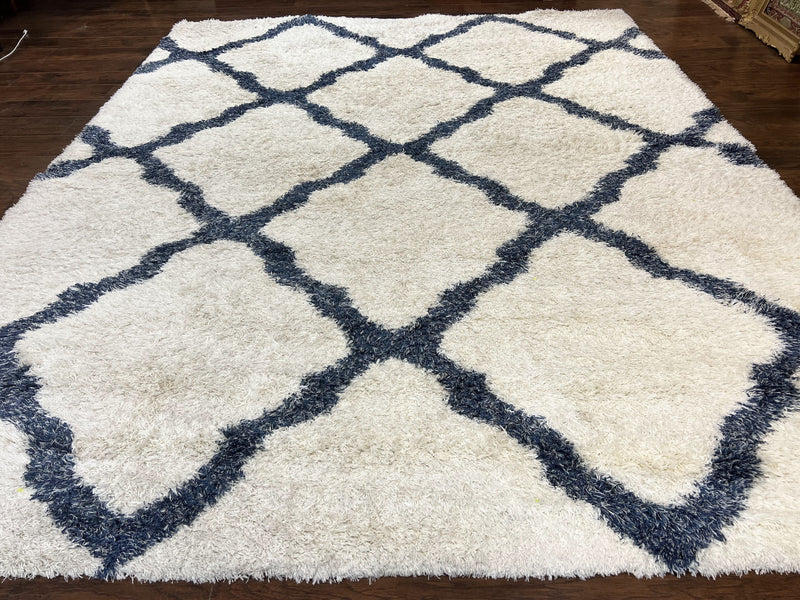 Modern Shag Rug 9x12, Ivory and Dark Blue, Diamond Pattern, Soft, Room Sized, Contemporary Rug, Plush by Jewel Rugs