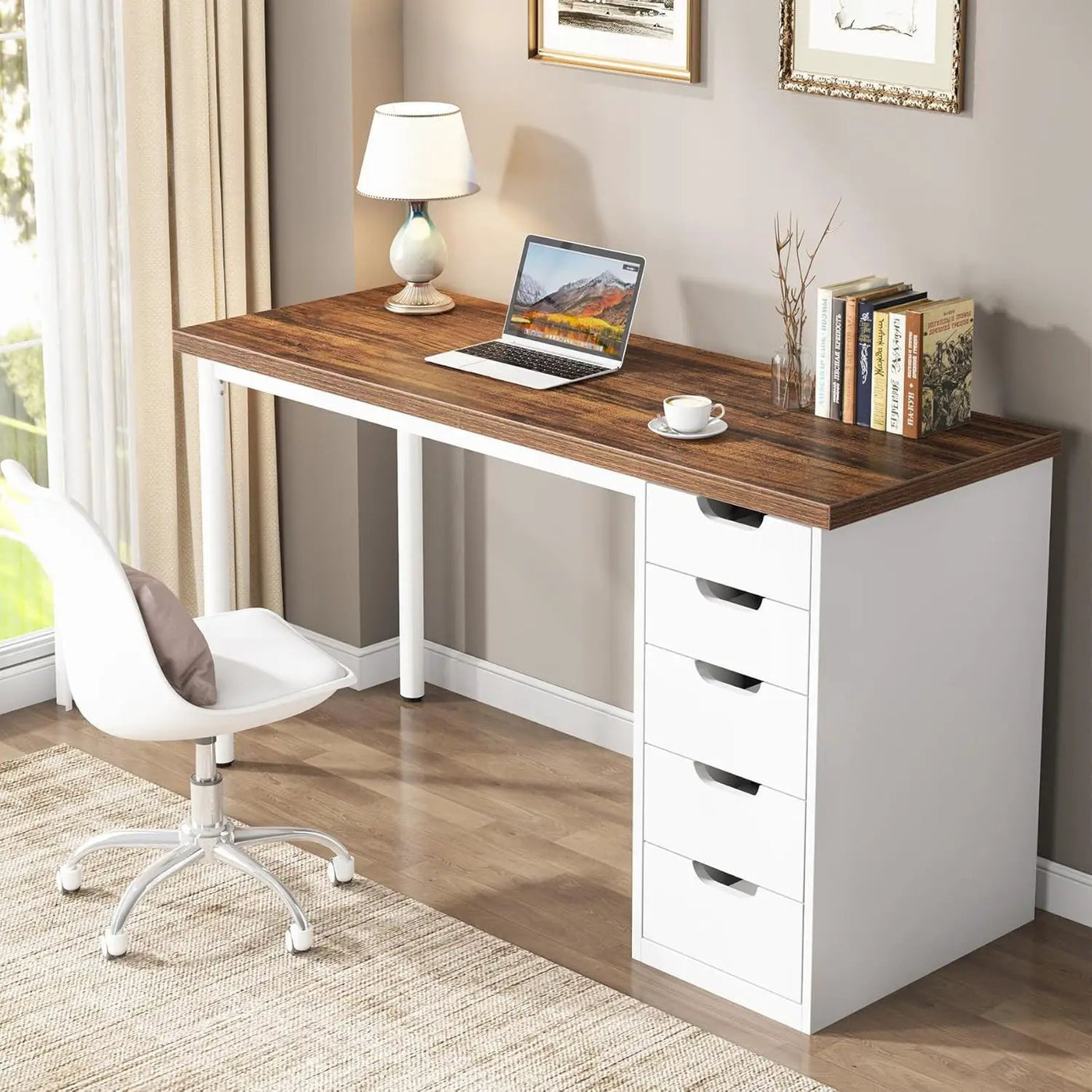 Computer Desk With 5 Drawers, Reversible Cabinet Design by HouseOfZazla