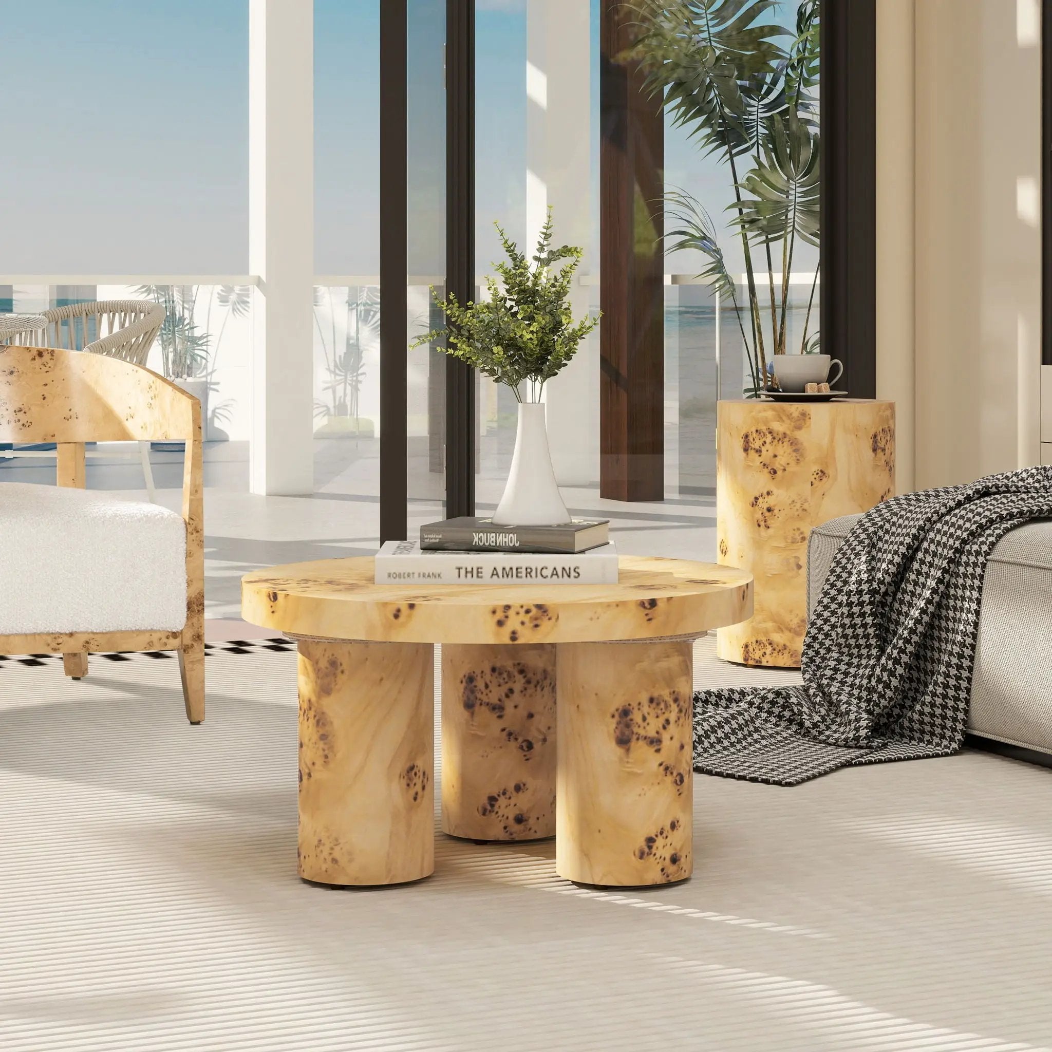 Nebula - Round Pillar Leg Coffee Table - Warm Natural Brown Burl by HouseOfZazla