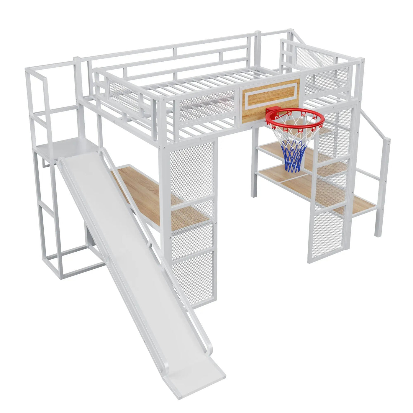 Loft Bed With Built In Desk, Open Wardrobe, Basketball Hoop, Slide And Staircase by Unique Piece Furniture