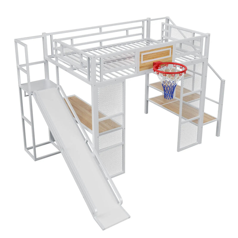 Loft Bed With Built In Desk, Open Wardrobe, Basketball Hoop, Slide And Staircase by HouseOfZazla