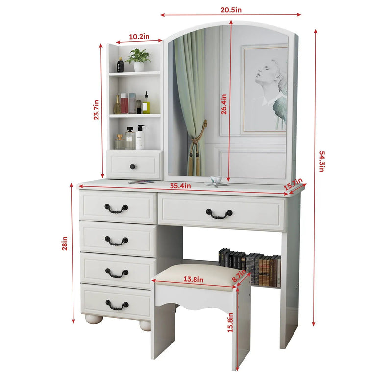Fashion Vanity Desk With Mirror And Adjustable Lighting, 6 Drawers, 3 Color Light Modes - White by HouseOfZazla