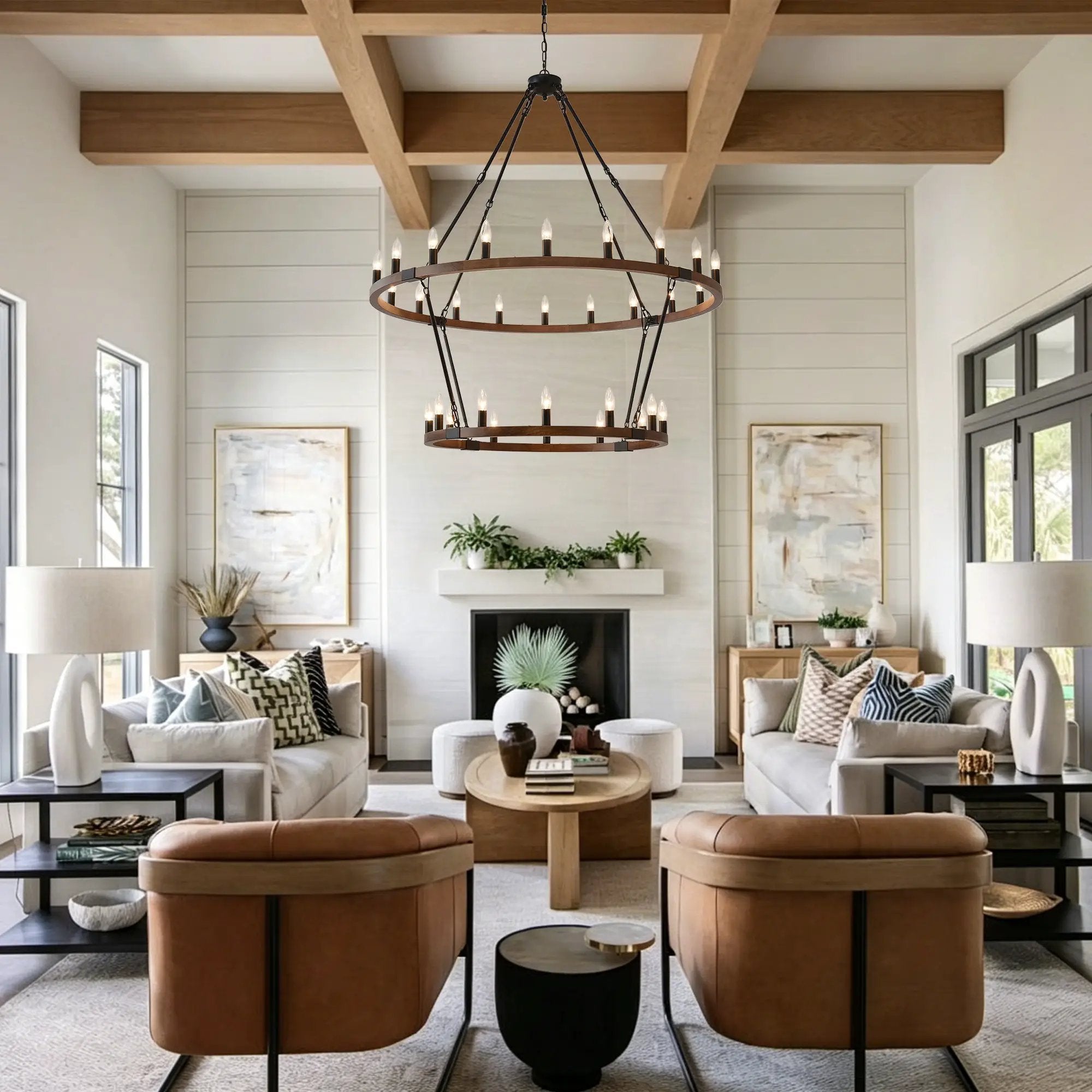 Large Solid Wood Wagon Wheel Chandelier, 2-Tier 32-Lights by HouseOfZazla