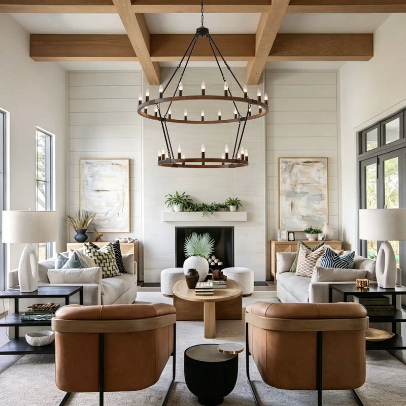 Large Solid Wood Wagon Wheel Chandelier, 2-Tier 32-Lights by HouseOfZazla