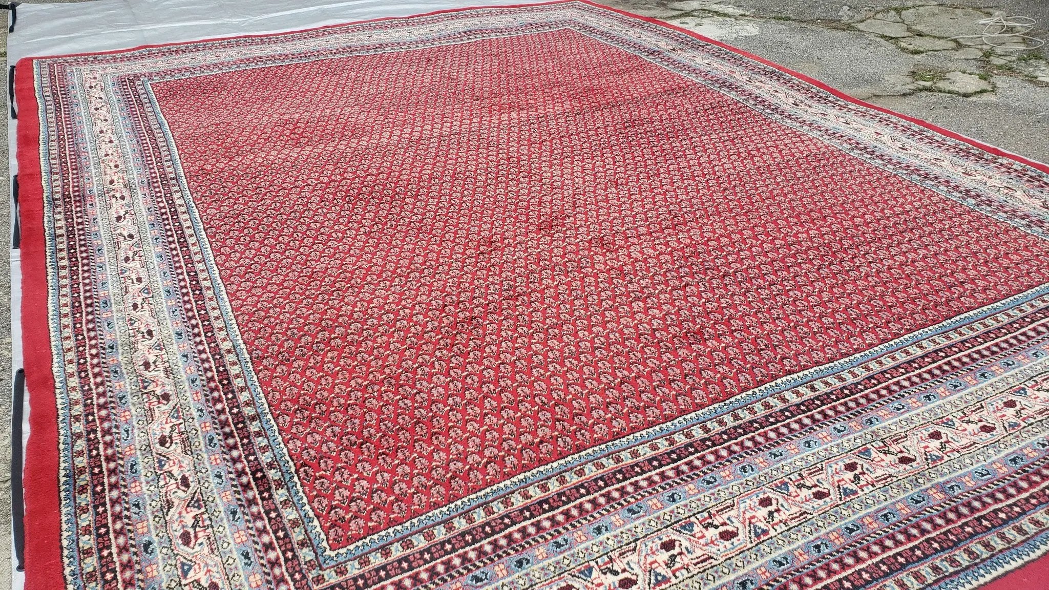 Persian Sarouk Mir Pattern, Red and Beige, Hand-Knotted, Wool, Paisley Boteh Design, 9'9" x 13', Semi Antique by Jewel Rugs