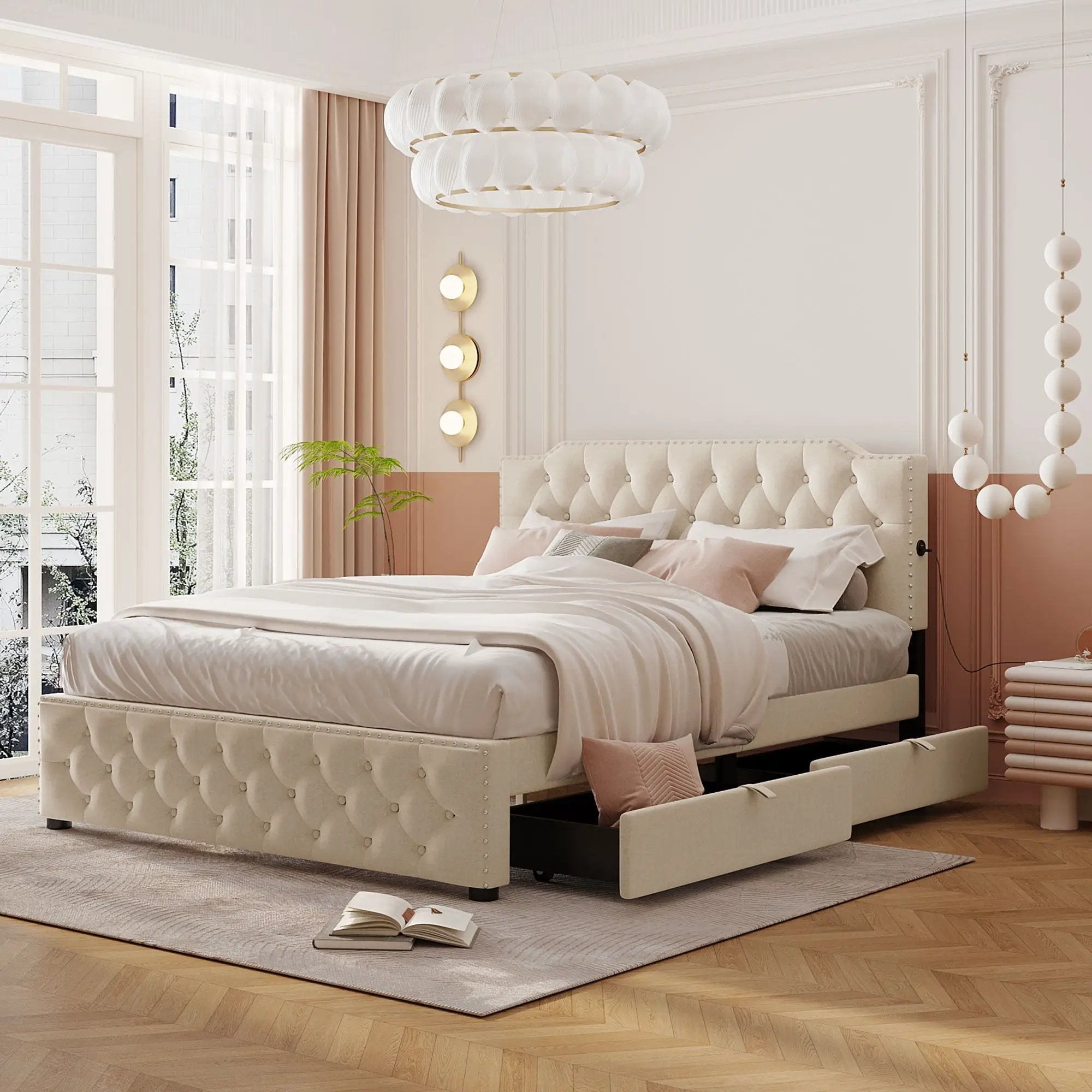 Upholstered Platform Bed With 2 Drawers And 2 Sets Of USB Ports On Each Side, Fabric by Unique Piece Furniture