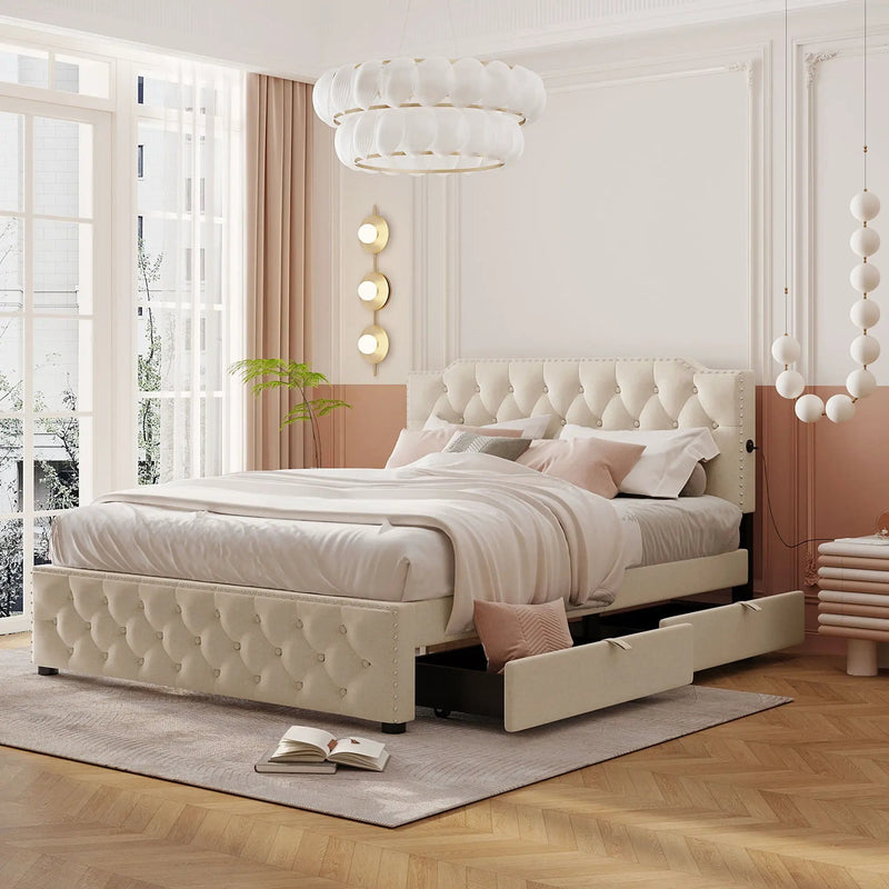Upholstered Platform Bed With 2 Drawers And 2 Sets Of USB Ports On Each Side, Fabric by Unique Piece Furniture
